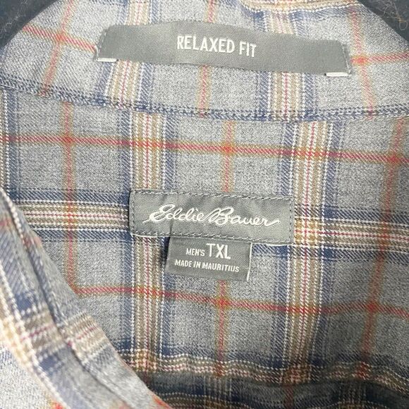 EDDIE BAUER  Gray Plaid Relaxed Fit Cotton Flannel Button Down Shirt - Tall XL - Picture 3 of 4